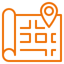 Outline of a map with a location pin, maze, and phone icon, all in orange.