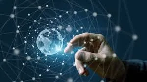 A person's hand touching a digital globe surrounded by a network of connected points and lines, representing technology or global connectivity.