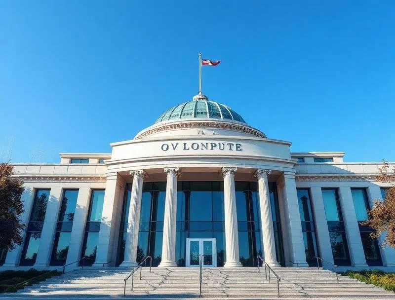 Front view of the Alabama State Capitol building with a dome, columns, a flag on top, and the inscription 'OV LONUTE' on the facade.