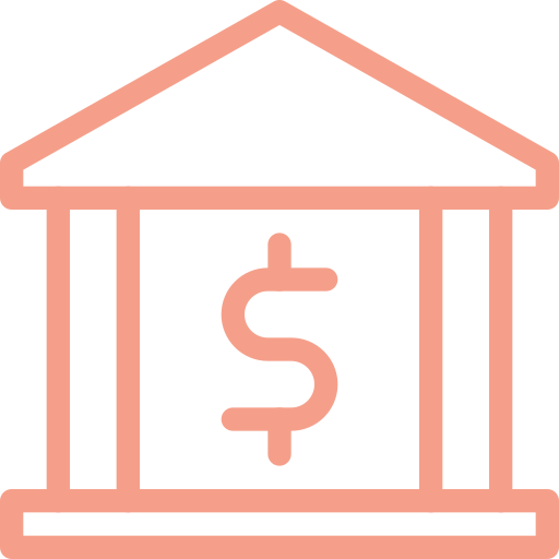 Illustration of a bank with a dollar sign on it in pink outline