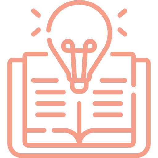Outline of a book with a light bulb above it, representing ideas or learning.