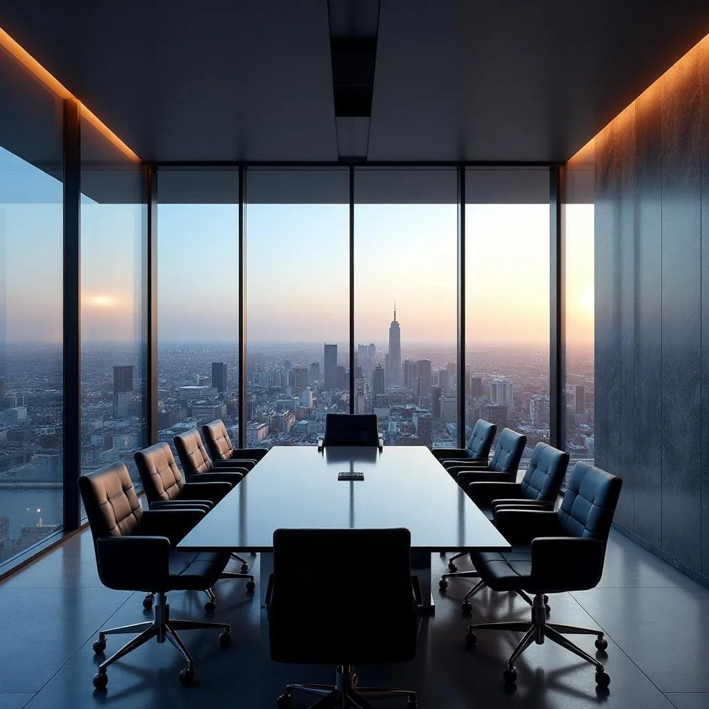 Empty modern conference room with a long table and black chairs, large floor-to-ceiling windows showing the city skyline at sunset.