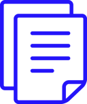 Icon of a document or report with lines of text on a blue background.