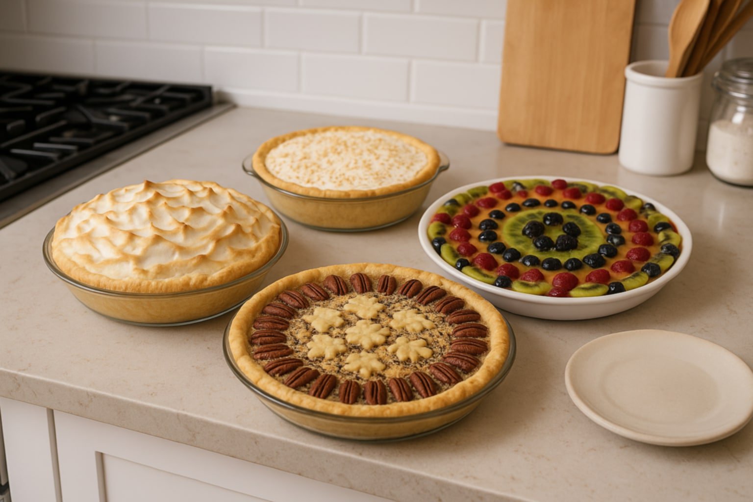 Four pies on kitchen counter, including a meringue pie, a topped nut pie, a pie with decorative toppings, and a fruit tart with kiwi, raspberries, and blueberries.