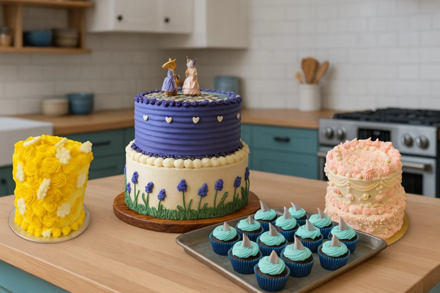 Variety of decorated cakes and cupcakes on a wooden kitchen counter.