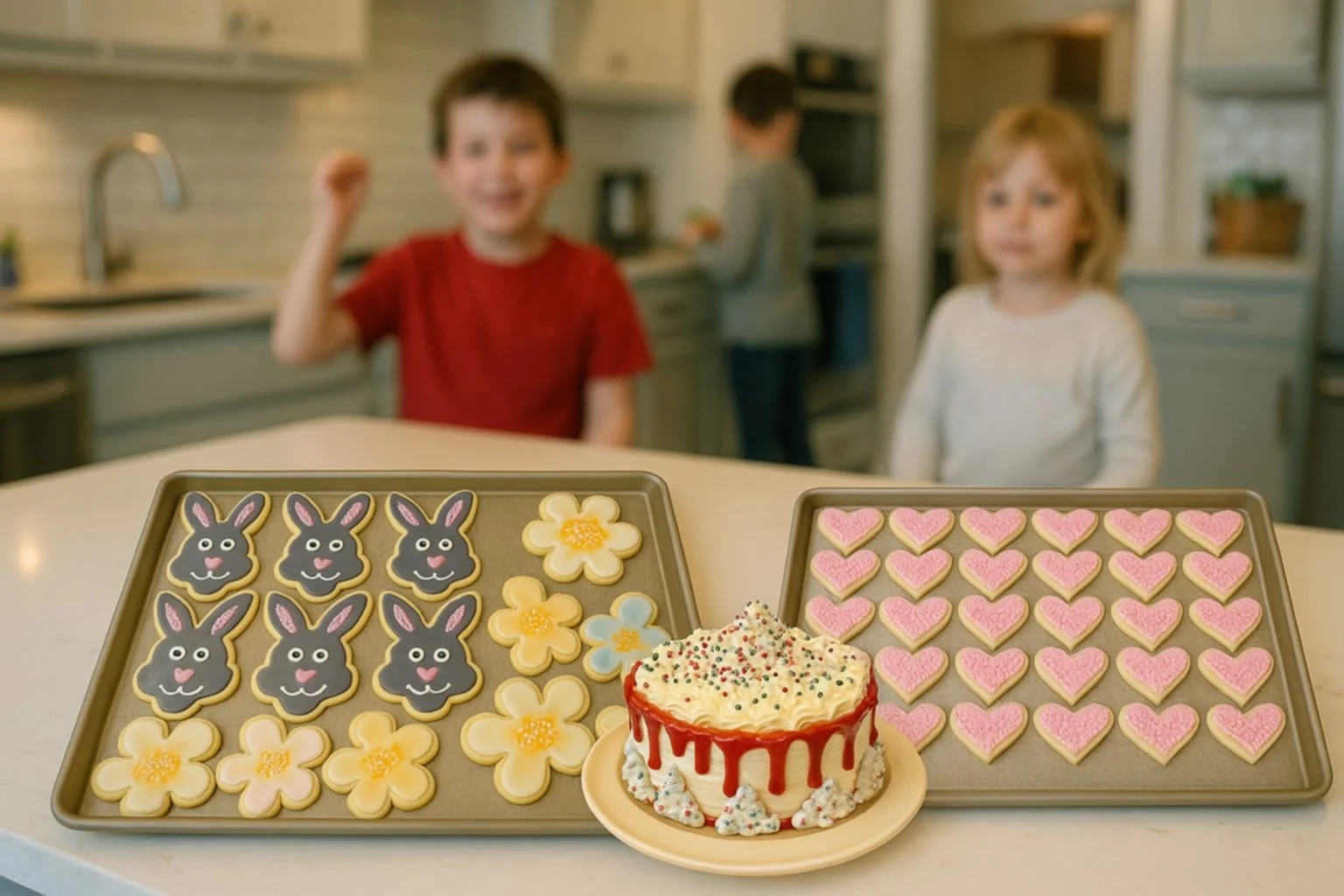 Children in a kitchen with trays of decorated cookies and a cake. The cookies include bunny-shaped, flower-shaped, and heart-shaped designs.