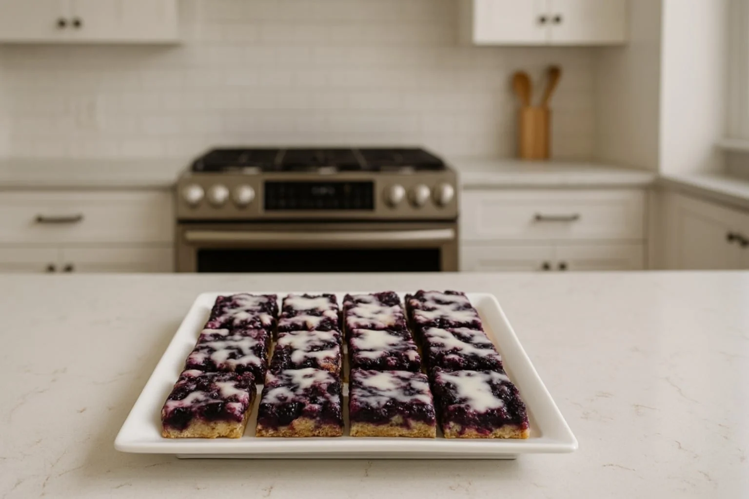 Blueberry dessert bars with white icing on a plate in a kitchen setting.