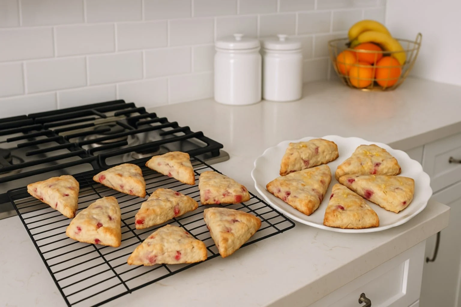 Freshly baked scones on a cooling rack and plate in a kitchen