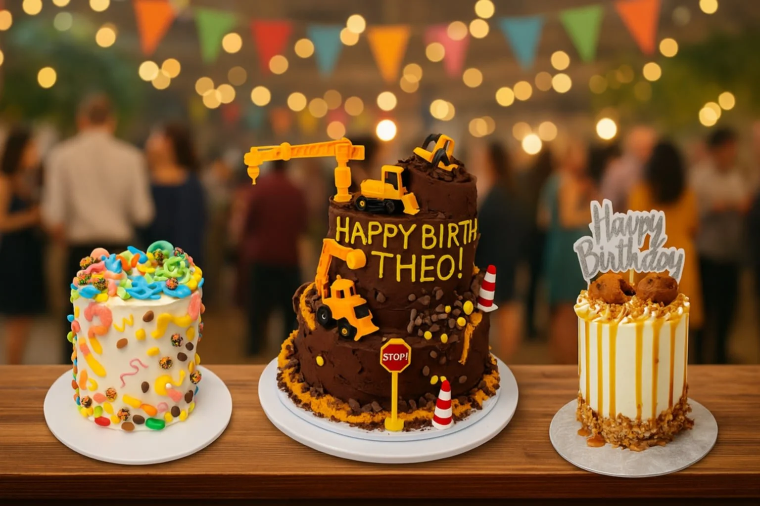 Three decorated birthday cakes on a table with a festive background. The center cake is chocolate with construction-themed decorations and "Happy Birthday Theo!" written on it. The cake on the left has colorful candies, and the cake on the right has caramel and nuts with a "Happy Birthday" topper.
