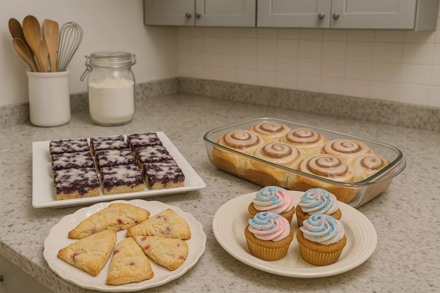 Assorted baked goods on a kitchen counter, including blueberry bars, glazed cinnamon rolls, turnover pastries, and cupcakes with pink and blue frosting.