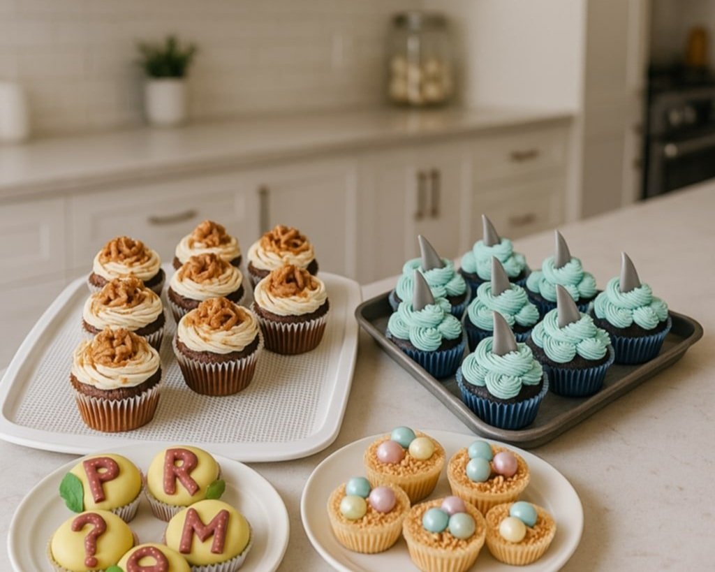 Assorted cupcakes and desserts on a kitchen counter, including cupcakes with caramel topping, shark fin cupcakes, cupcakes with letters and a question mark, and mini nests with pastel eggs.