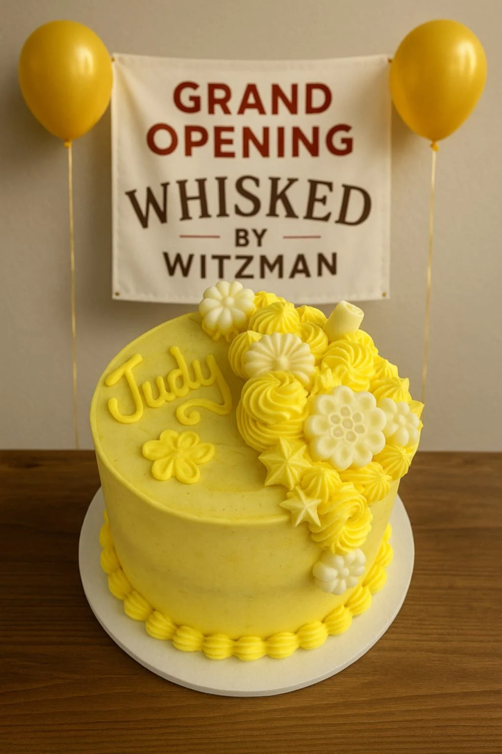 Yellow cake with floral decorations and the name "Judy" in icing, under a "Grand Opening Whisked by Witzman" sign, accompanied by yellow balloons.