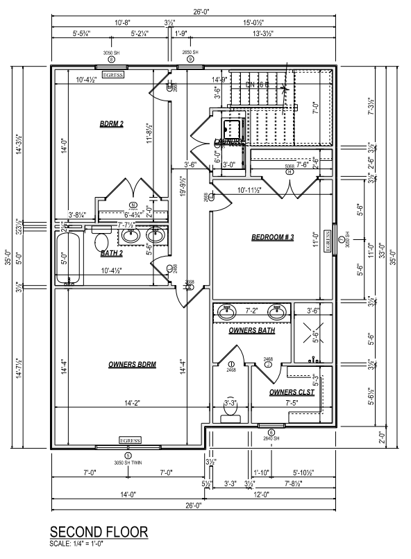 Detailed second floor building plan with rooms labeled as Owner's Bedroom, Bedroom 2, Bedroom 3, Owner's Bath, Bath 2, and Owner's Closet, including measurements and layout details.