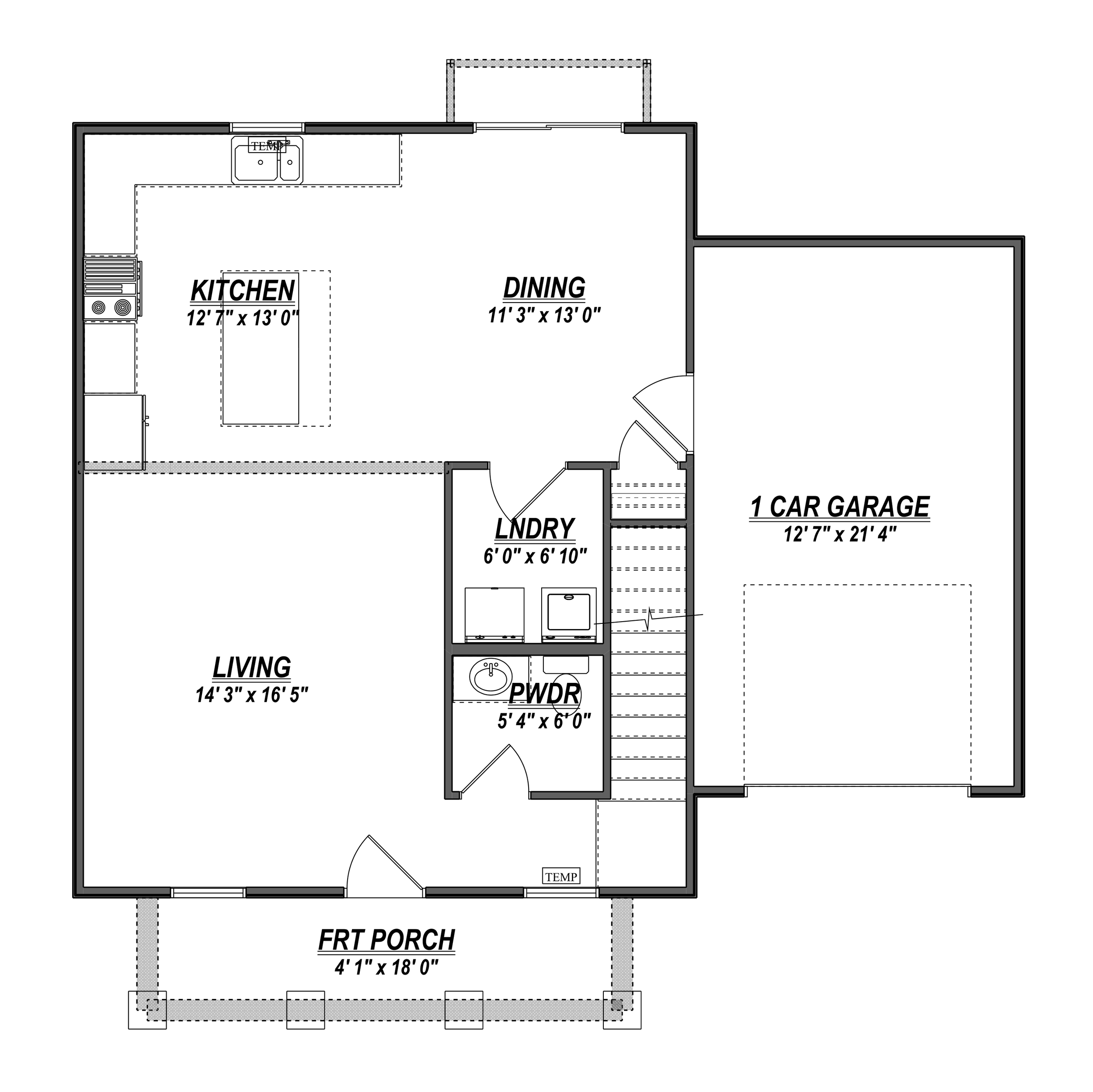 Floor plan of a house showing rooms including kitchen, dining, living, laundry, powder room, garage, and front porch, with room dimensions labeled.