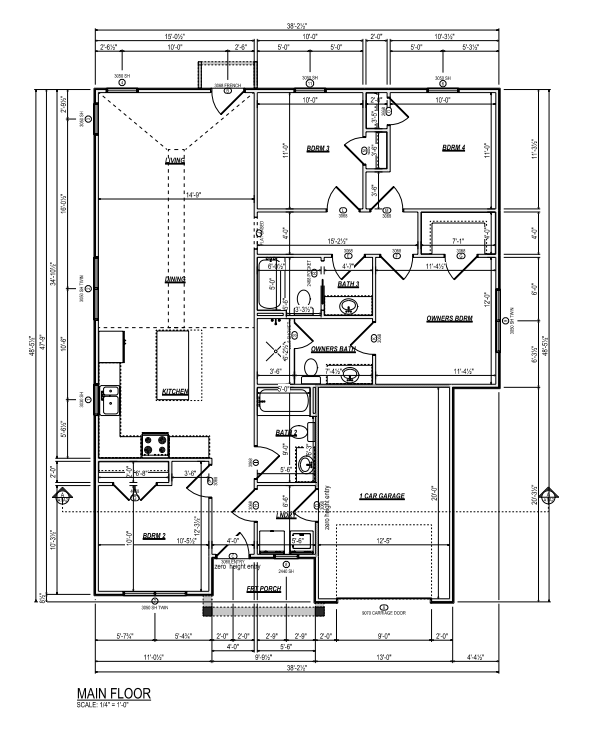 Floor plan of a house showing rooms, dimensions, and layout, including a garage, bedrooms, bathrooms, kitchen, and porch.