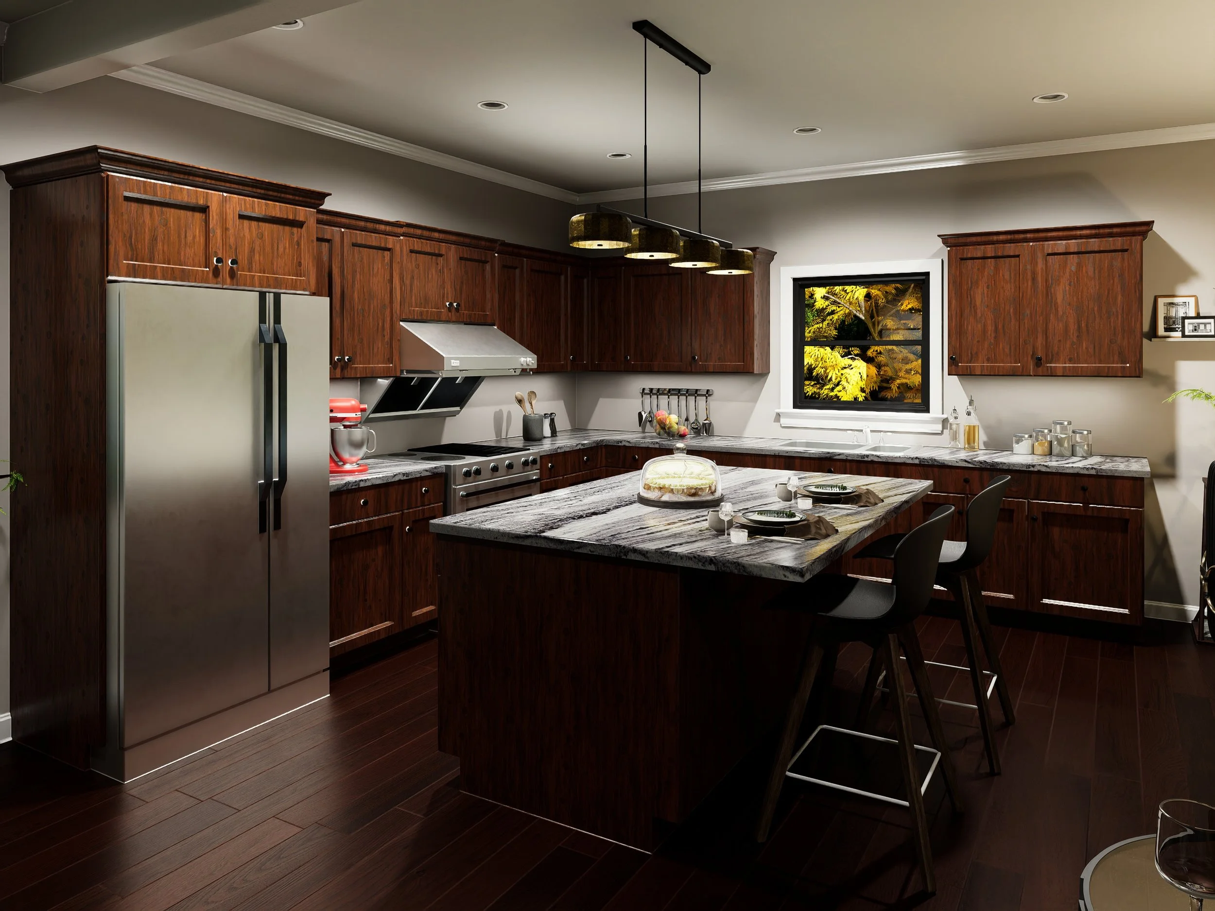 Modern kitchen with dark wooden cabinets, marble island, stainless steel appliances, window with views of trees, and dining area with black chairs.
