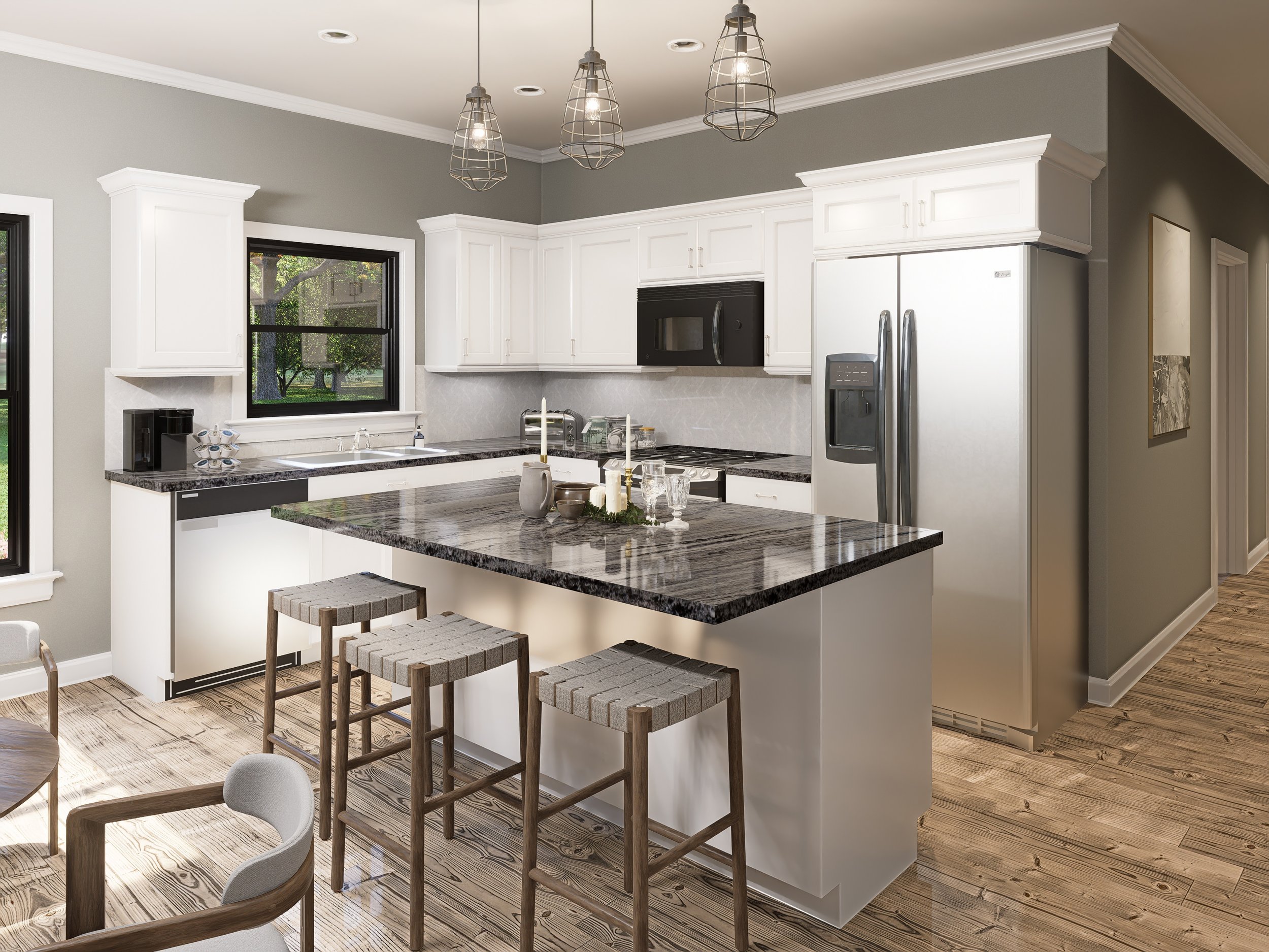 A modern kitchen with white cabinets, black and white granite countertops, and stainless steel appliances. There are three pendant lights hanging from the ceiling above the kitchen island, which has candles and glassware on it. The kitchen has two windows with views of trees outside and wooden flooring.