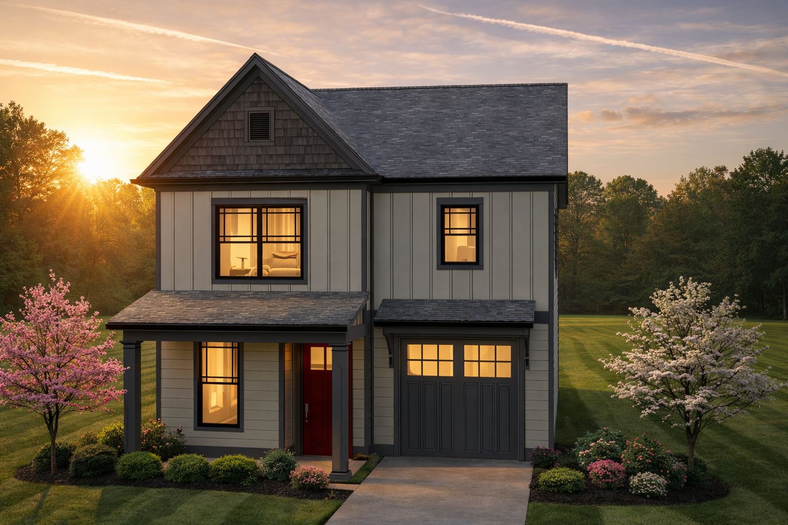 A modern two-story house at sunset with illuminated windows, a red front door, an attached garage, pink and white blooming trees, and a well-maintained lawn.