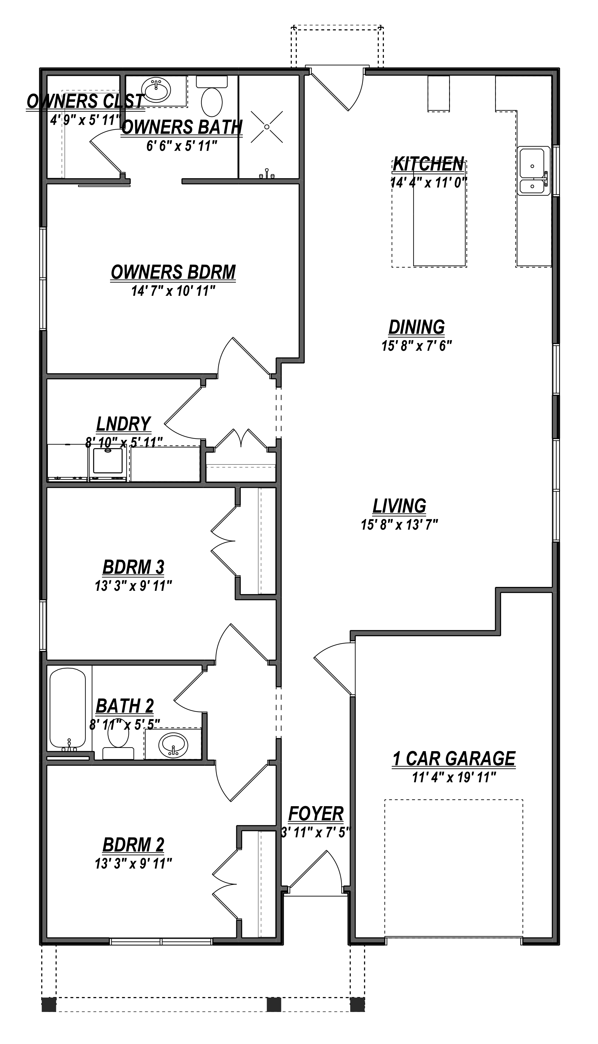 Floor plan of a house showing various rooms including garages, bedrooms, bathrooms, kitchen, living room, laundry room, and foyer, with dimensions labeled.