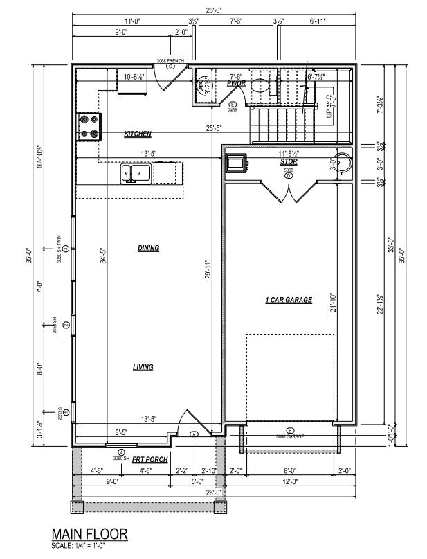 A detailed architectural floor plan of a main floor layout for a house. It includes measurements, room labels, and door and window placements. The rooms shown are a porch, living room, dining area, kitchen, half bath, stairs, a storage area, and a garage.