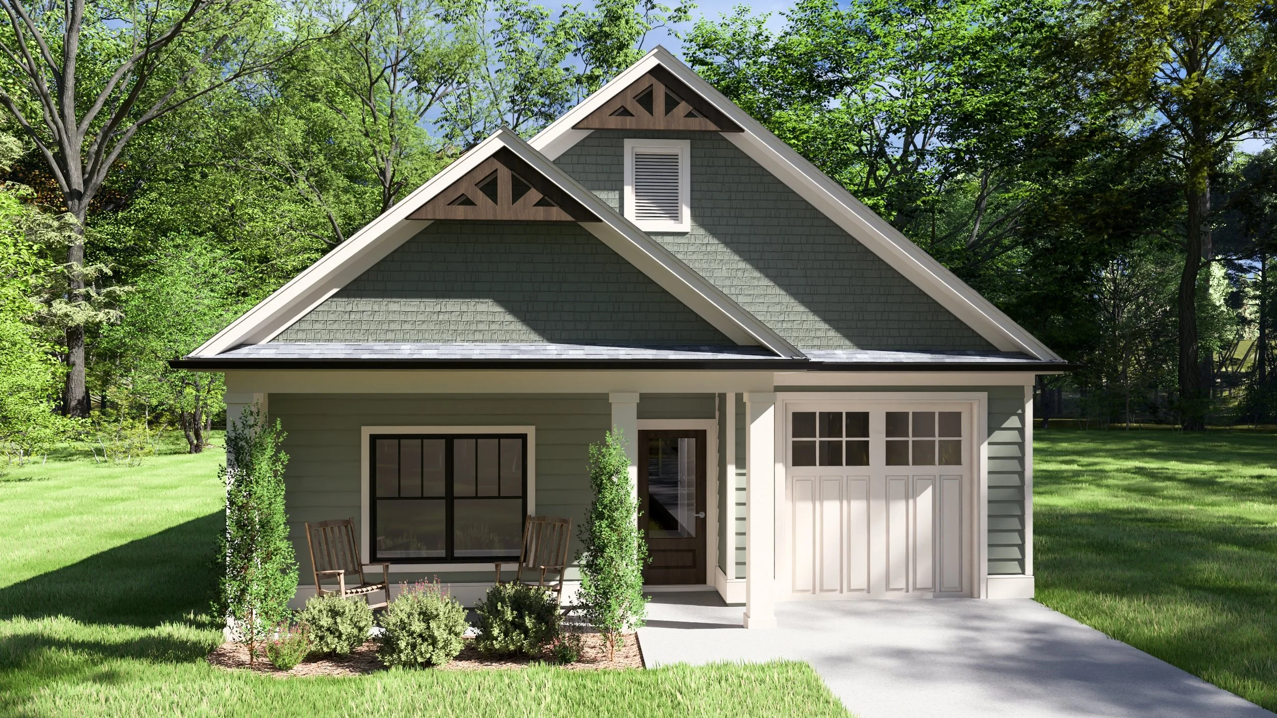 Front view of a two-story house with green siding, white trim, large front window, small porch with two wooden chairs, and a garage door, surrounded by a lush lawn and tall green trees.