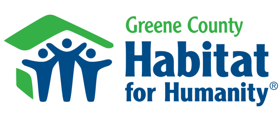 Greene County Habitat for Humanity logo featuring three stylized blue human figures under a green house roof, with the organization's name in green and blue text.