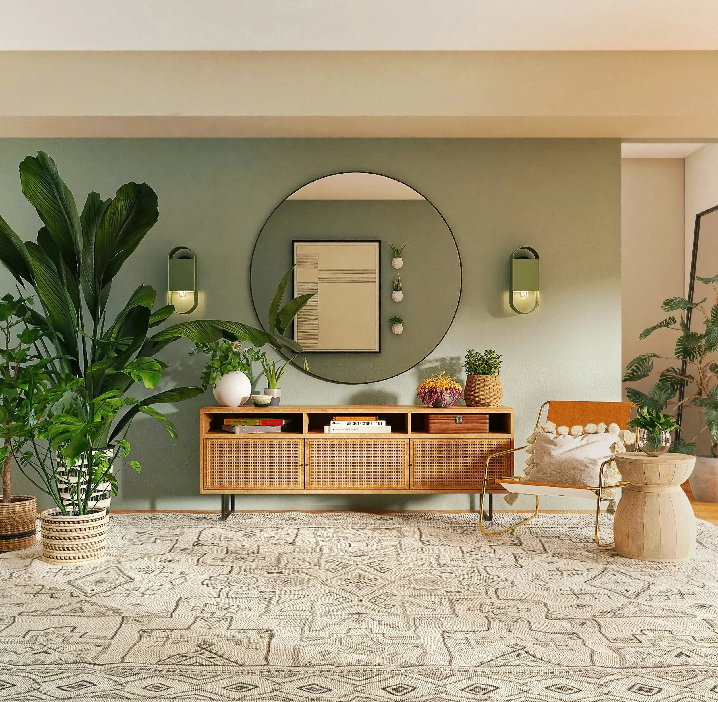Interior living room with green walls, large green plants, a wooden console with books and decorative items, a round mirror, and a patterned rug.