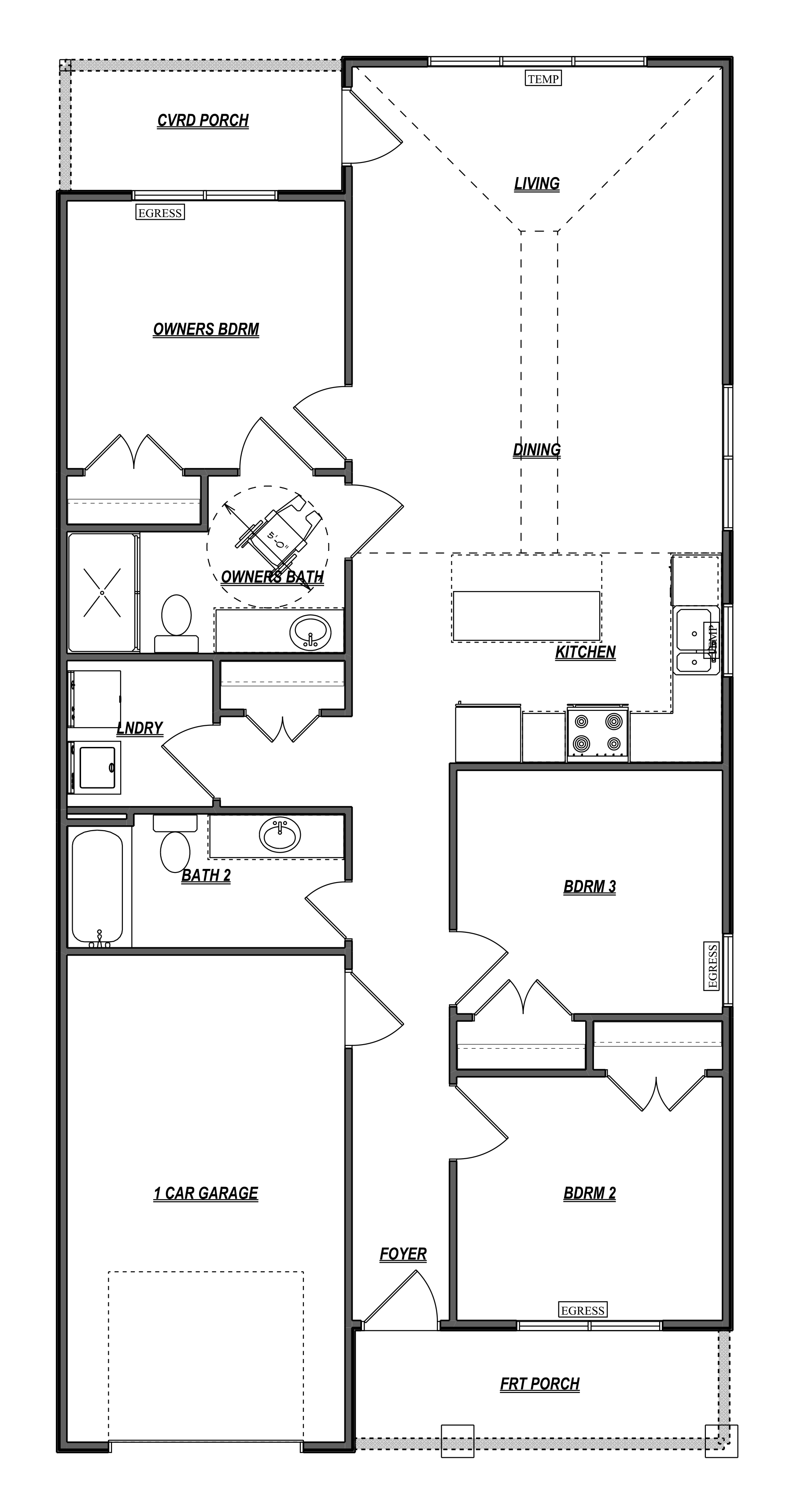 Floor plan of a house with labeled rooms including a garage, foyer, bedrooms, bathrooms, laundry, kitchen, dining, living room, porch, and various doors and windows.