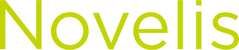Close-up of the word 'Novelis' in lime green text on a white background.