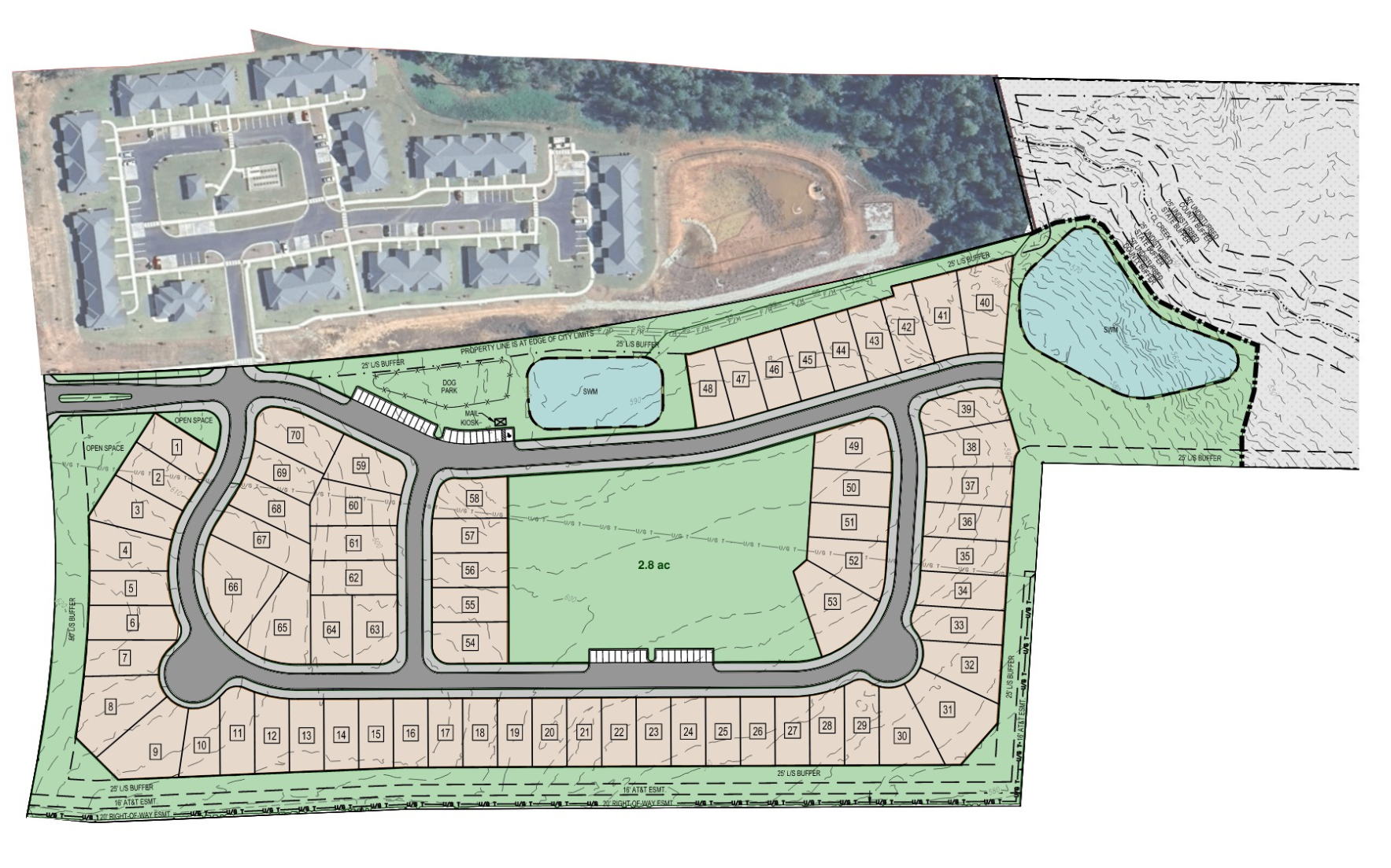A site plan for Baynes Creek, showing a residential development with numbered lots, roads, water features, green buffer zones, and open spaces.