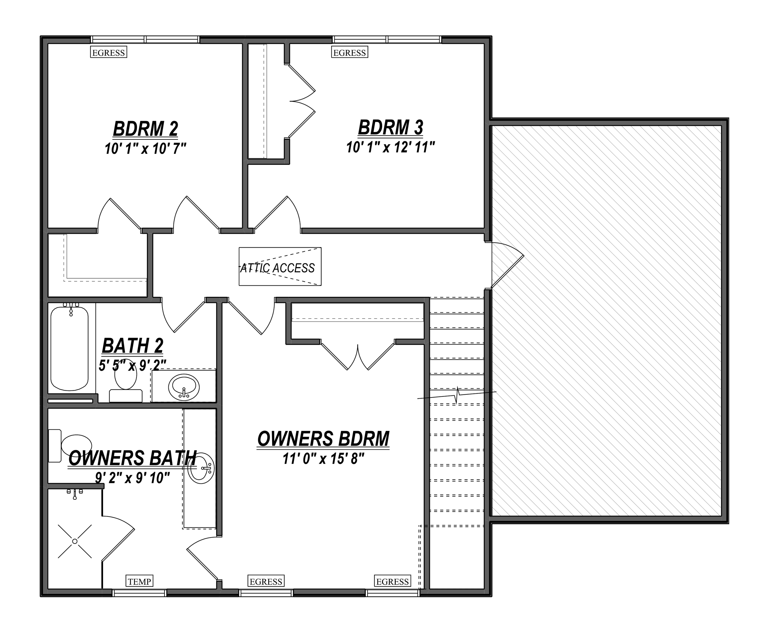 A detailed architectural floor plan of a house showing three bedrooms, two bathrooms, a laundry, and an attic access, with room dimensions labeled.