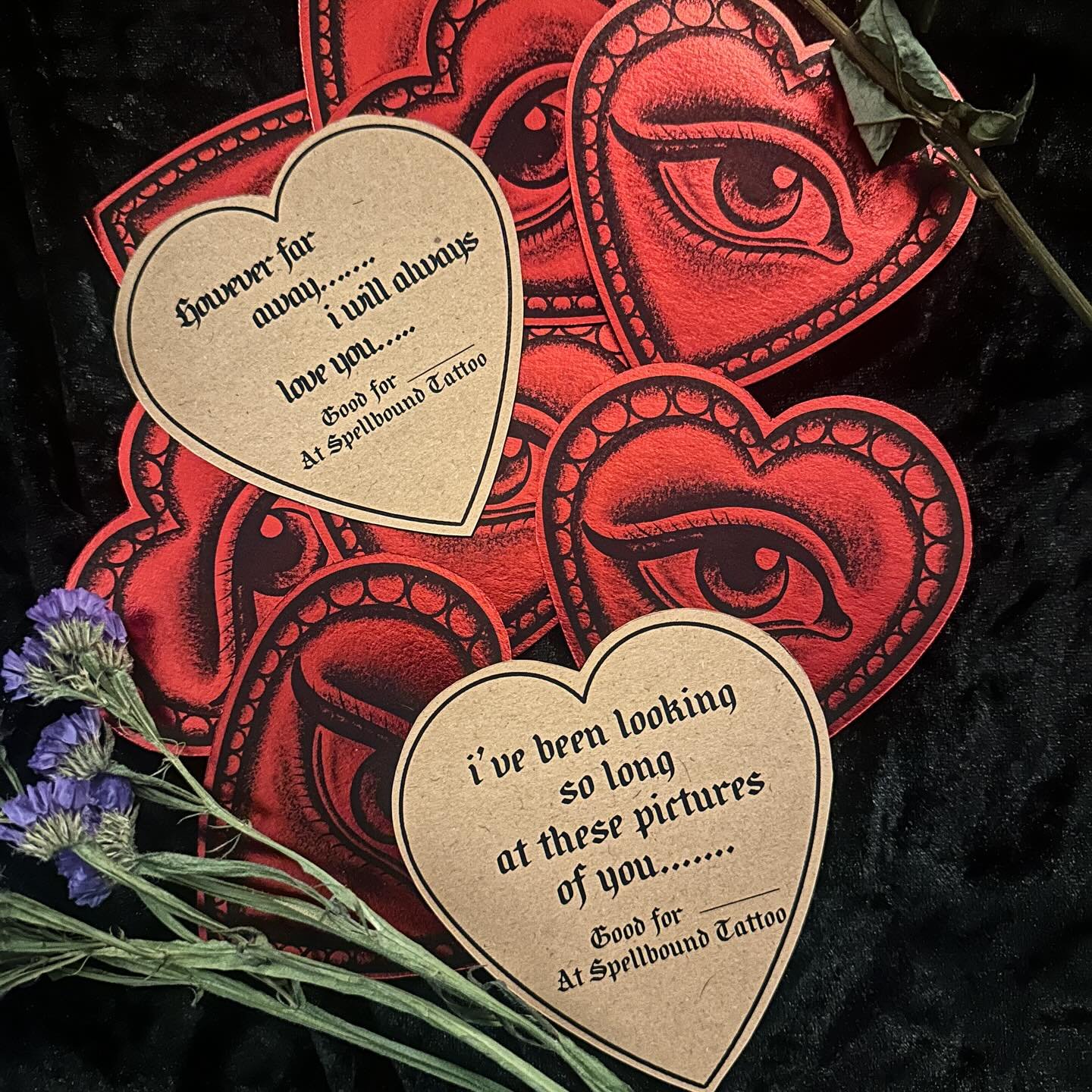 Valentine Gift Cards! 

What are you getting your loved one for Valentines Day this year? If your sweetheart keeps mentioning that tattoo they want to get, this one covers it all; a lovely Valentine card and gift all in one. 

On the front is an illu
