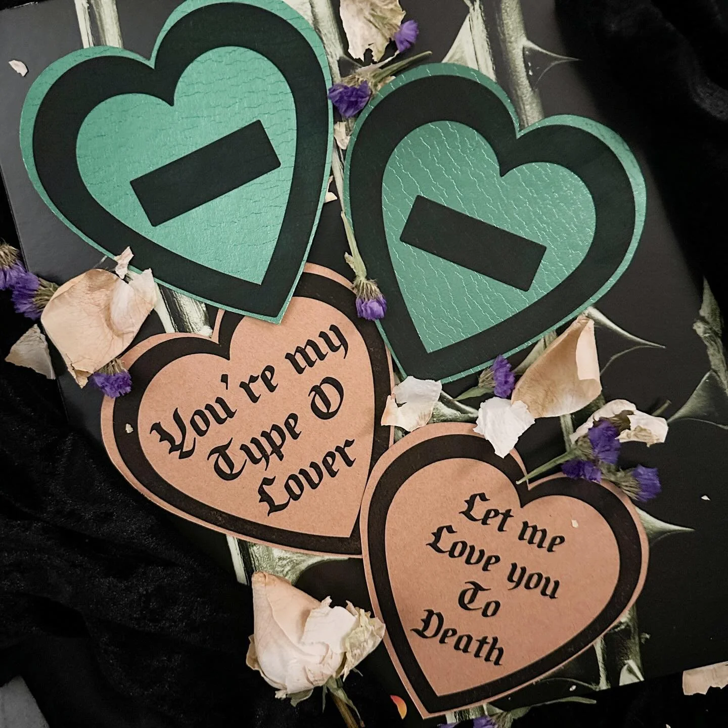 I&rsquo;ve got Valentines Cards! 

3 different designs with a few variations and sure to win the heart of whoever receives them. 

These are $5 each, printed in house and hand cut. They&rsquo;re available for pickup at Spellbound Tattoo or I can do a
