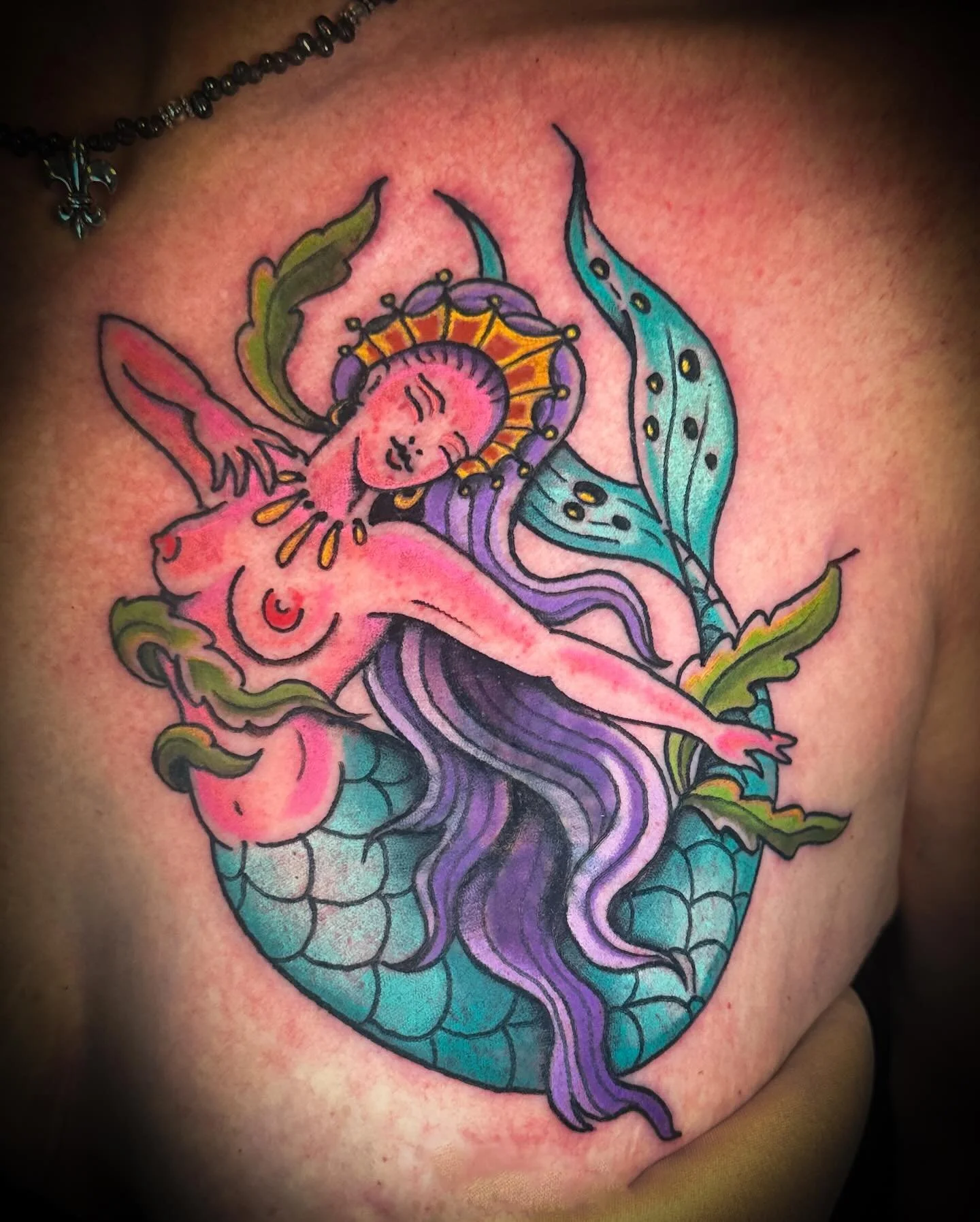 Pretty little mermaid coverup on my amazing client @bikki_darlin . Vicki has supported me since my first year of tattooing, I&rsquo;m so grateful for her and all my wonderful clients. 

Ya like mermaids? I love em! Message me for one.