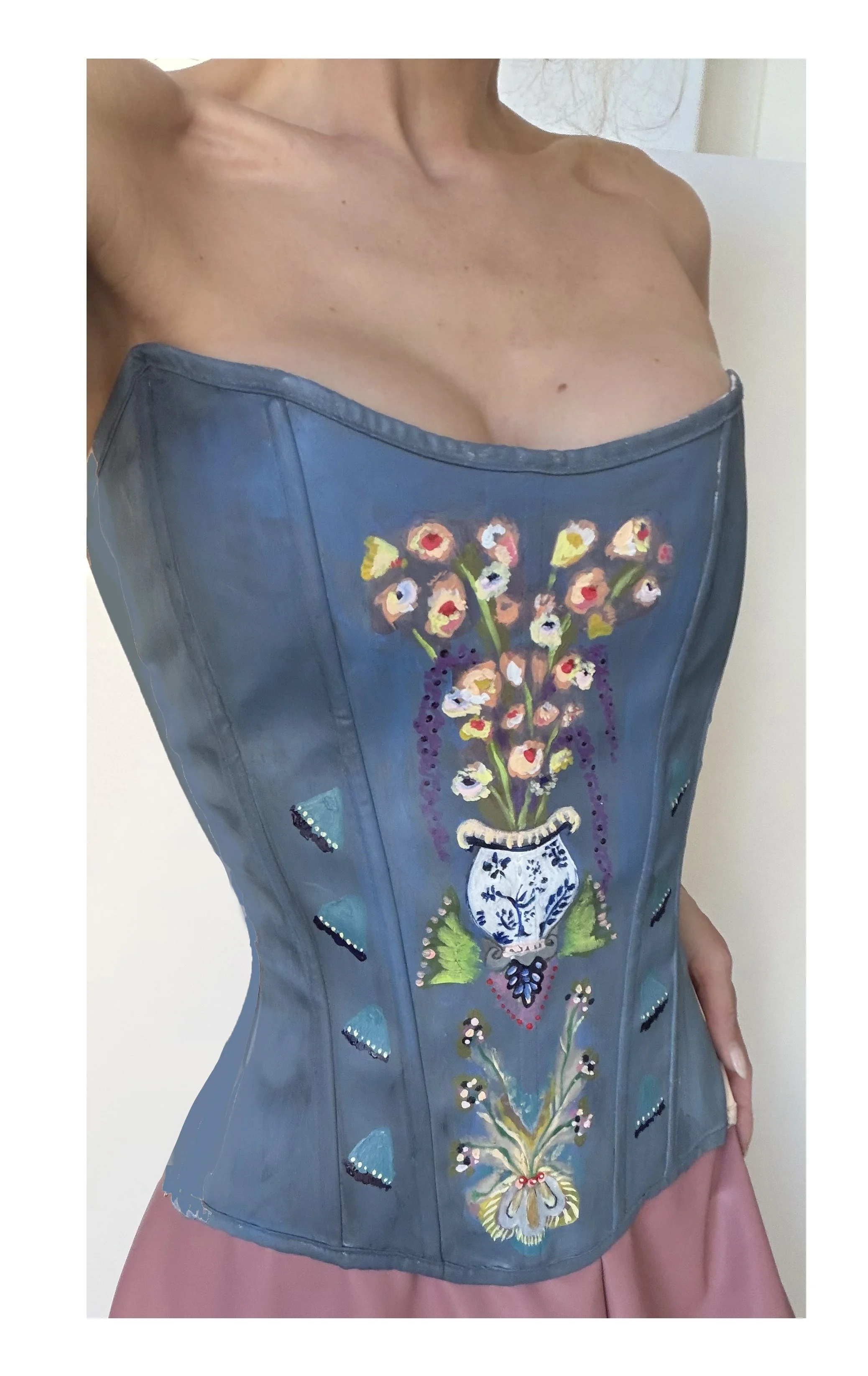 hand-painted florals corset, slate blue