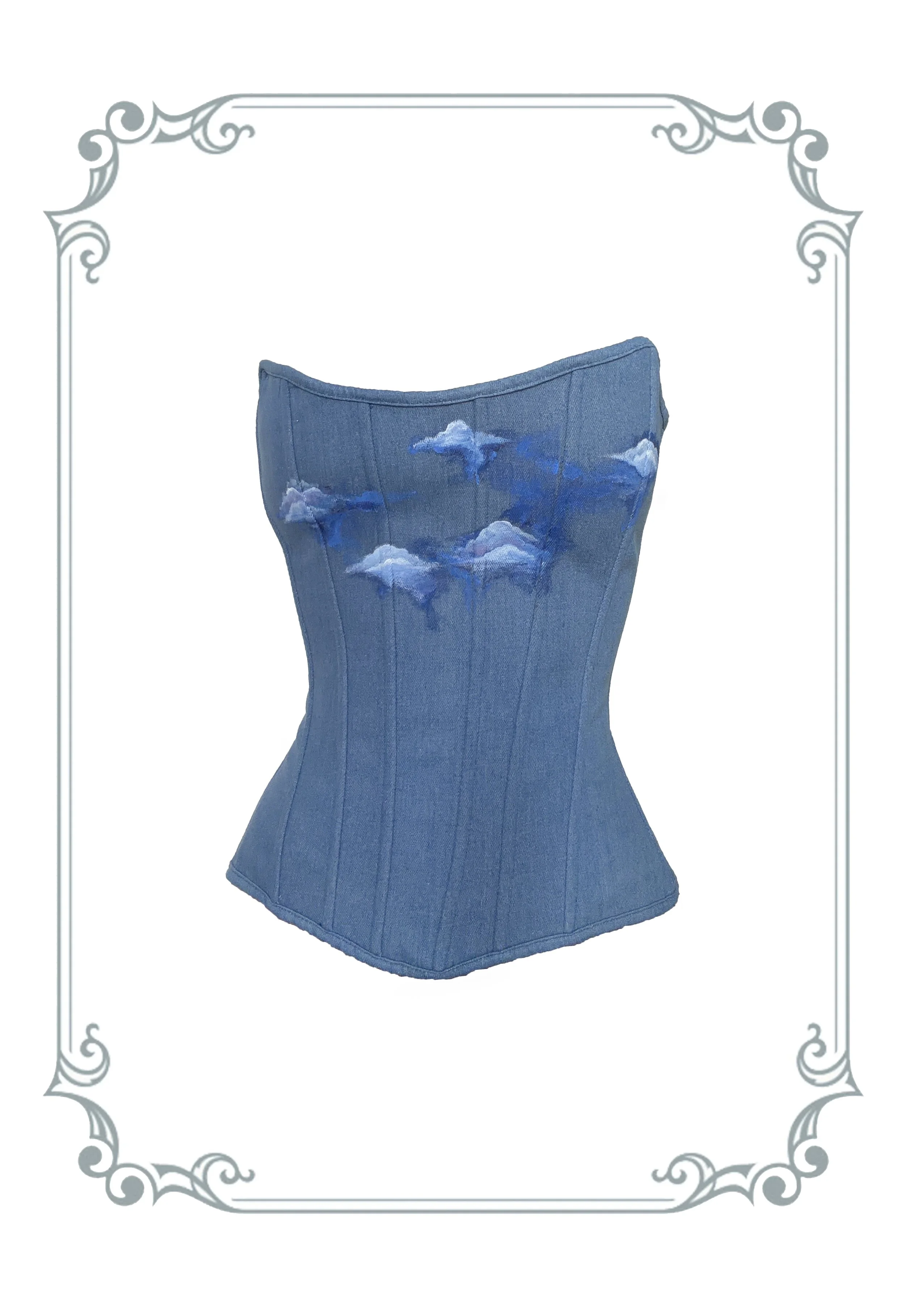 hand-painted clouds corset, blue jean
