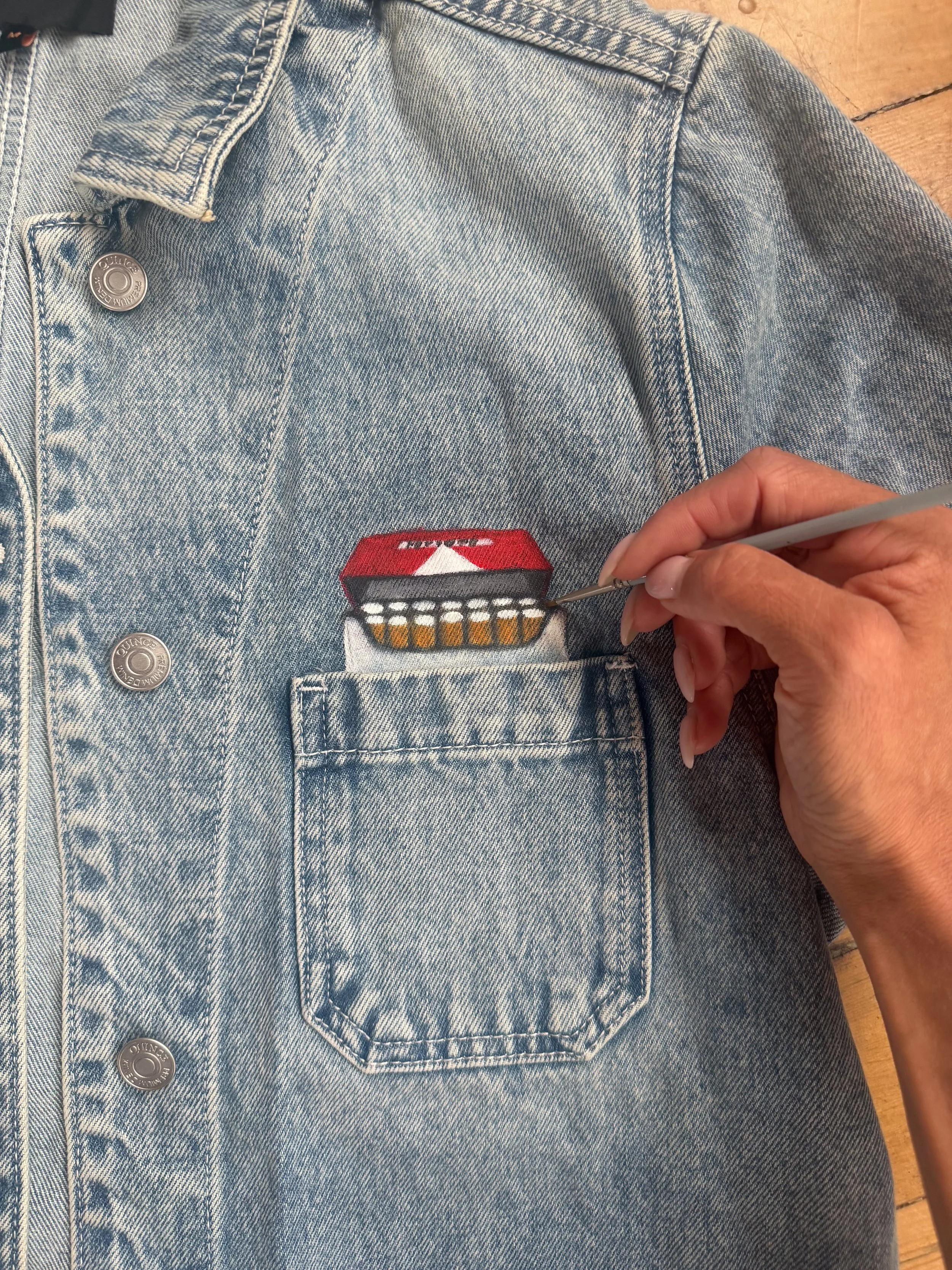 SIZE SMALL - Hand-Painted Cigarette Box Denim Chore Jacket - 100% Organic Cotton