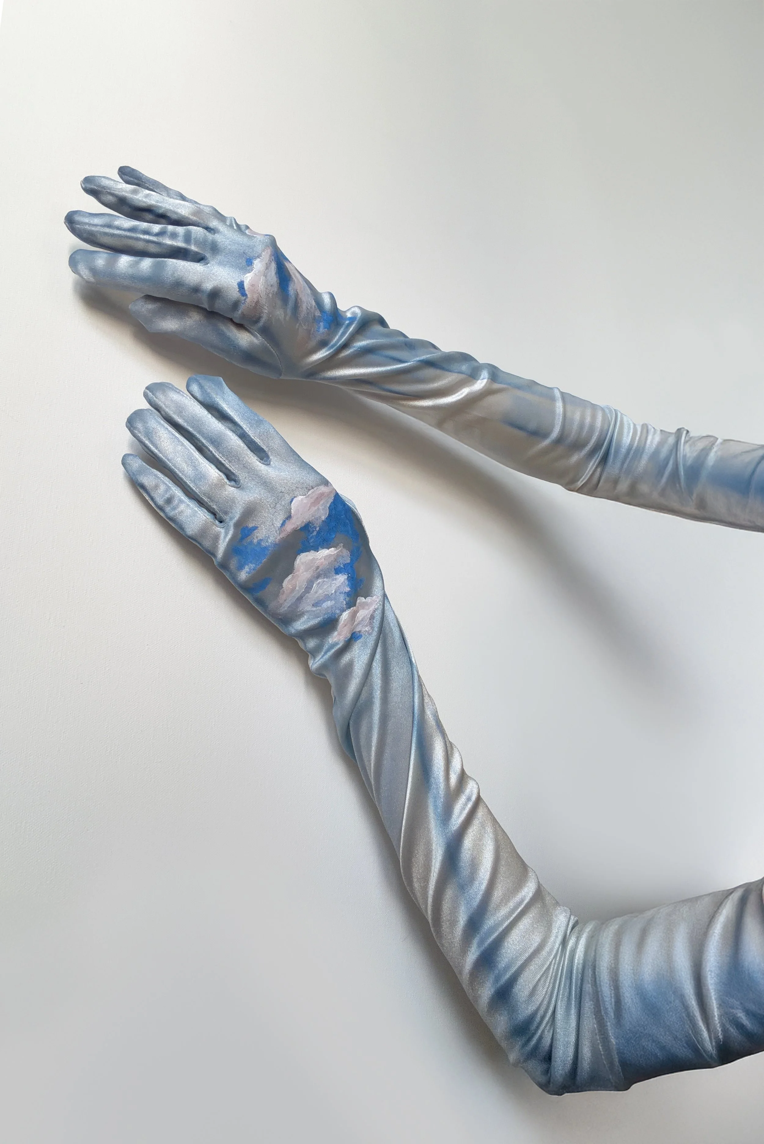 hand-painted cloudy sky blue opera-length gloves