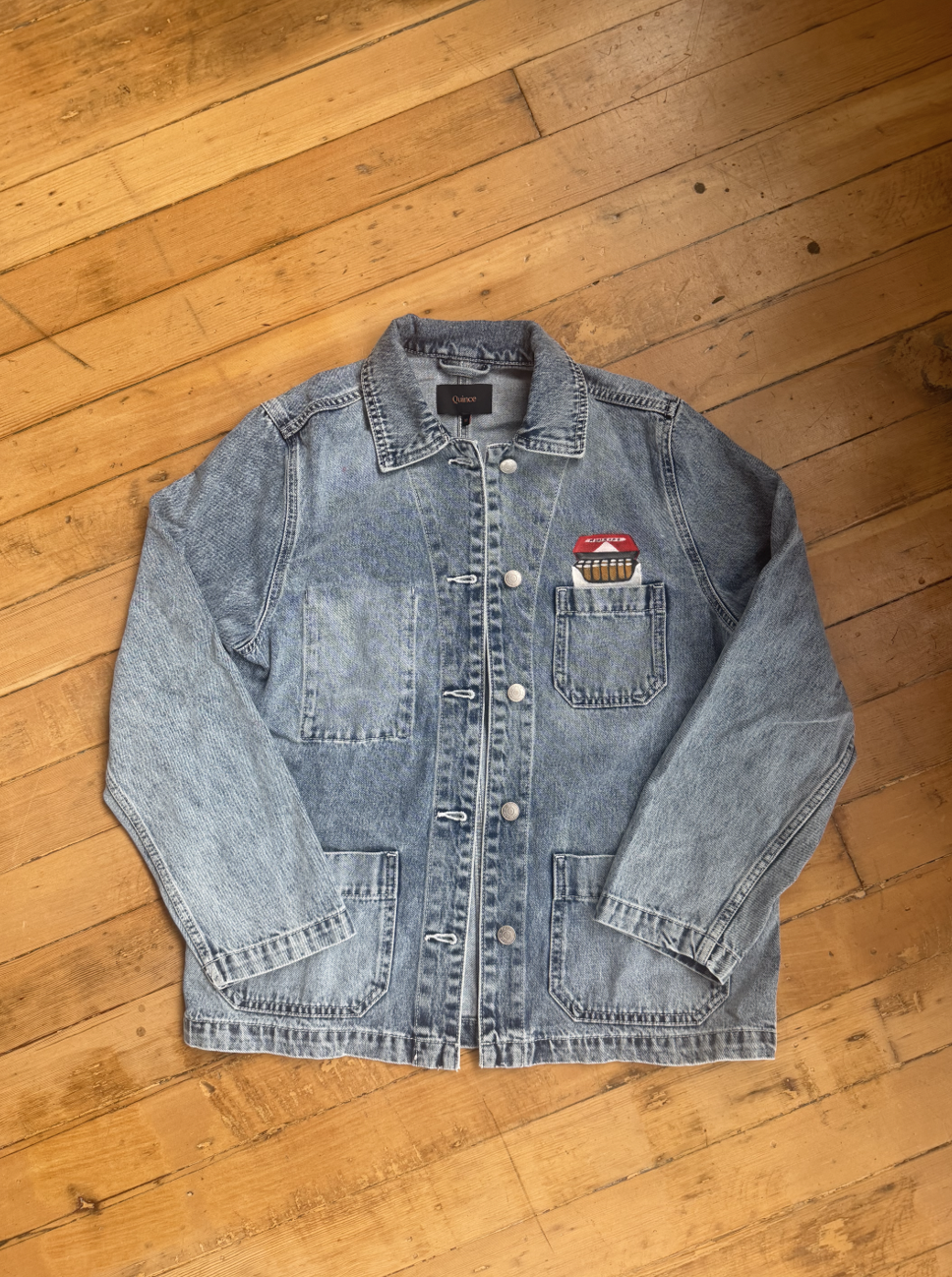 AVAILABLE NOW ** SIZE MEDIUM - Hand-Painted Cigarette Box Denim Chore Jacket - 100% Organic Cotton