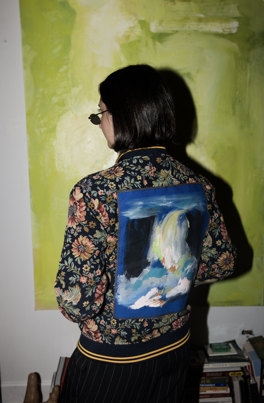 hand-painted floral bomber jacket with heavy canvas patches