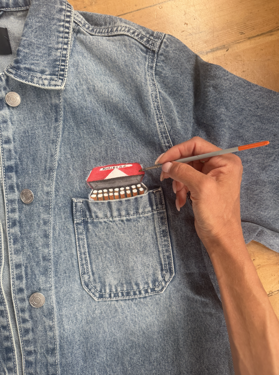 AVAILABLE NOW ** SIZE LARGE - Hand-Painted Cigarette Box Denim Chore Jacket - 100% Organic Cotton