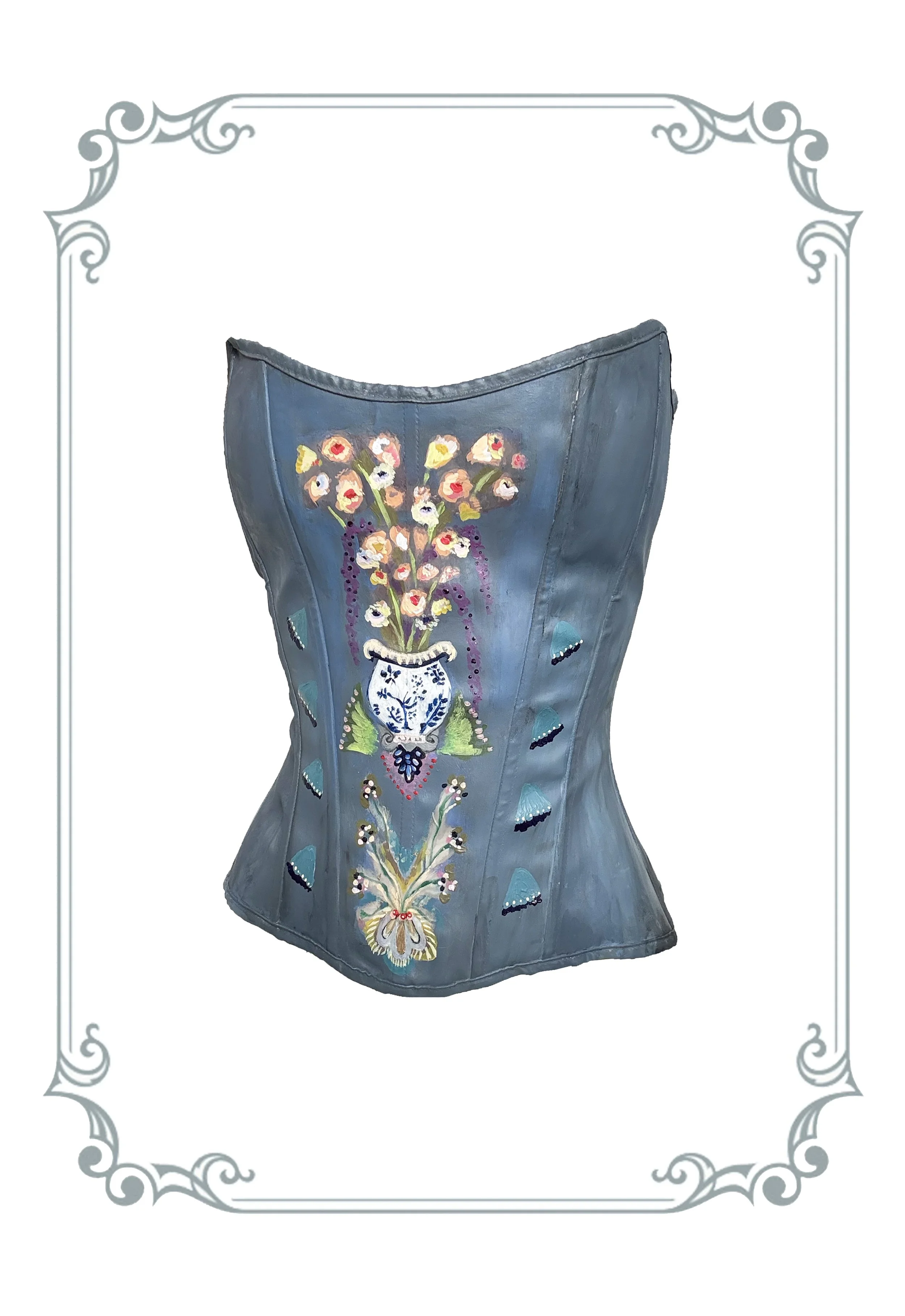 hand-painted florals corset, slate blue
