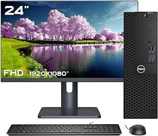 A Dell desktop computer setup featuring a 24-inch Full HD monitor displaying a scenic lake and cherry blossom trees, a black computer tower, a wireless keyboard, and a mouse.