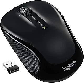 Black Logitech wireless computer mouse with scroll wheel and USB receiver.