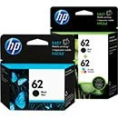 HP 62 ink cartridge packaging with black and green design elements.