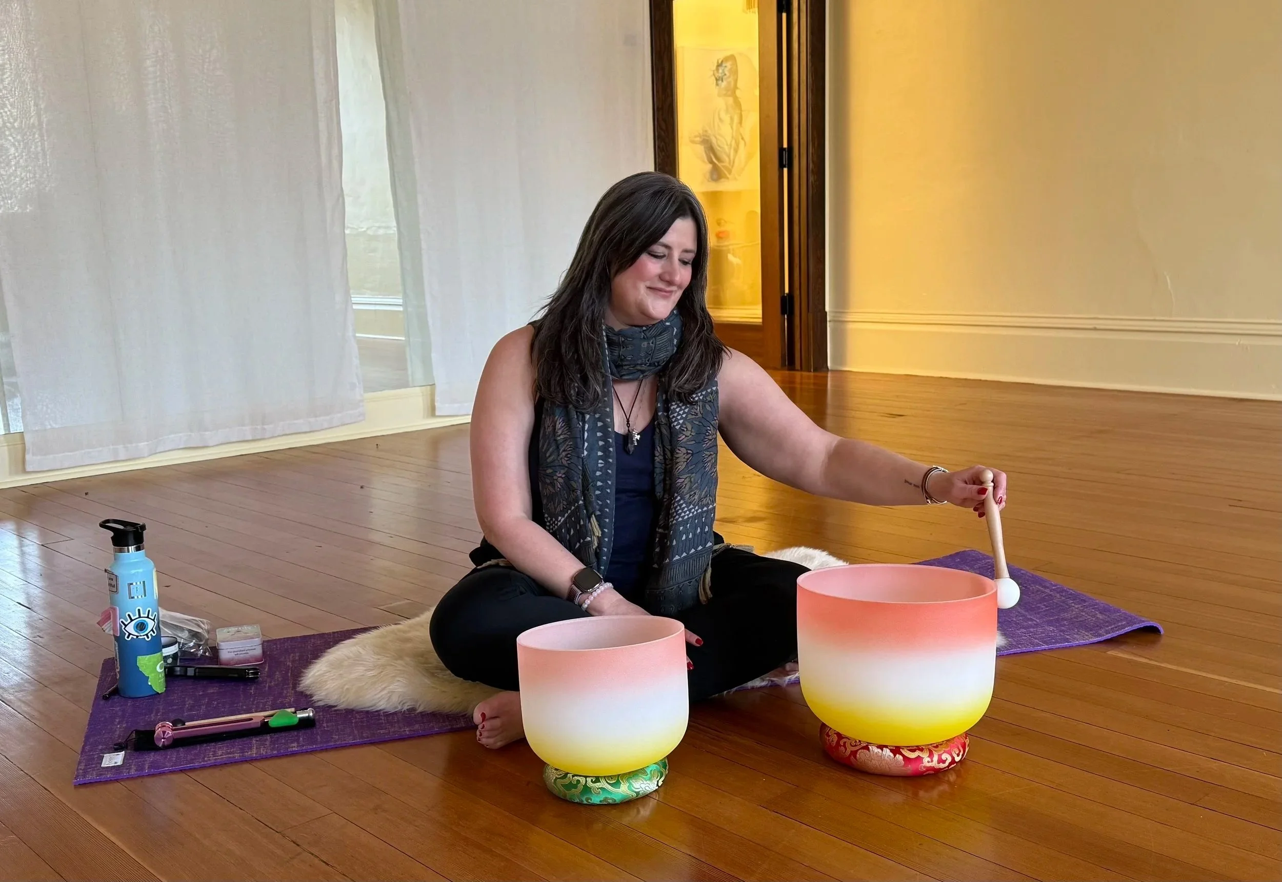 Annie playing Crystal Bowls for Goup Sound Healing