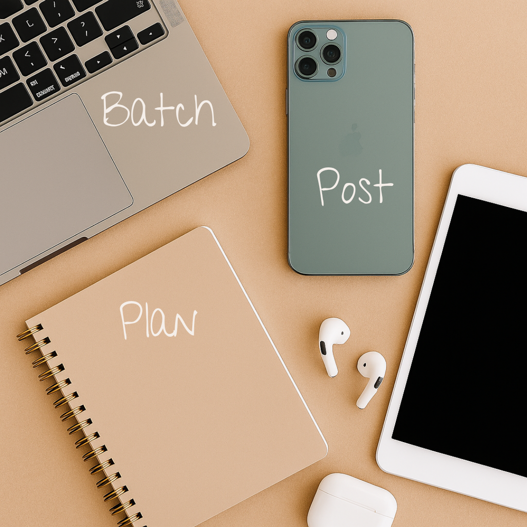 Flat lay of a workspace with a laptop, a notebook labeled 'Plan', a smartphone labeled 'Post', wireless earbuds, and a tablet on a beige surface.