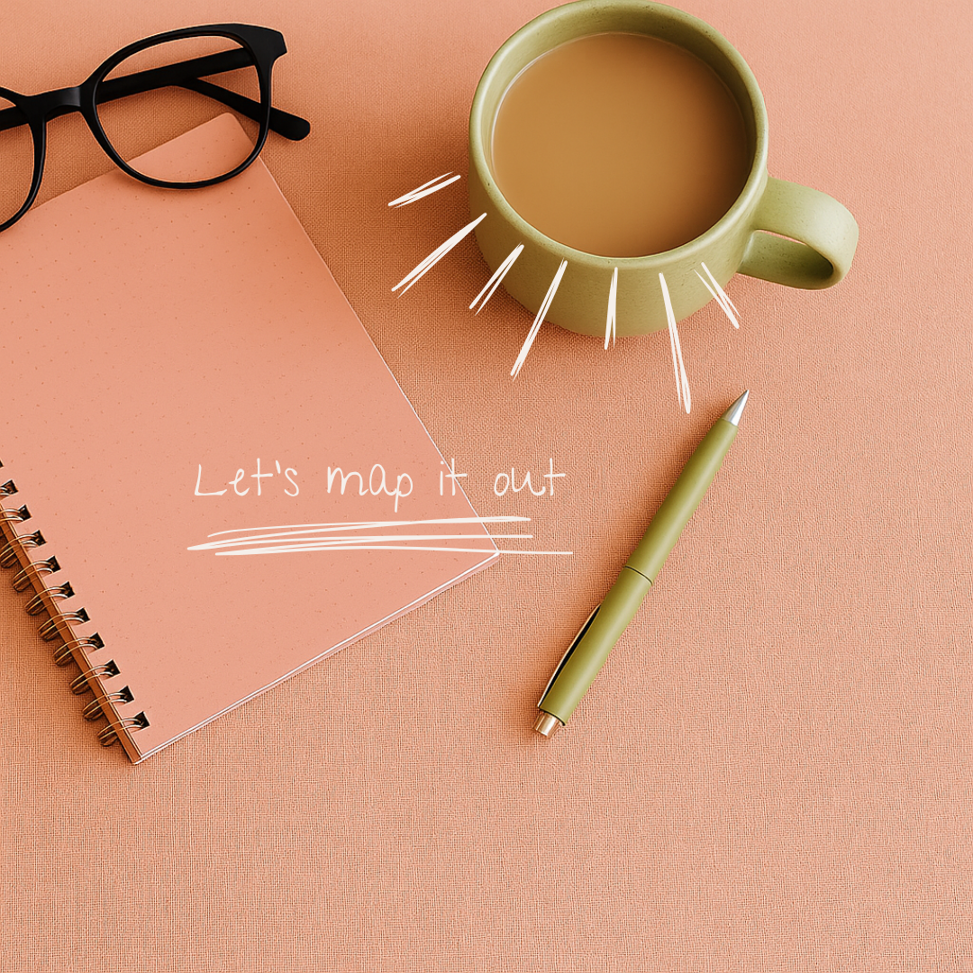 Flat lay photo of coffee mug, spiral notebook, pen, black glasses, warm peach background. Handwritten doodle text that says "let's map it out" with white sketch lines radiating from coffee mug.