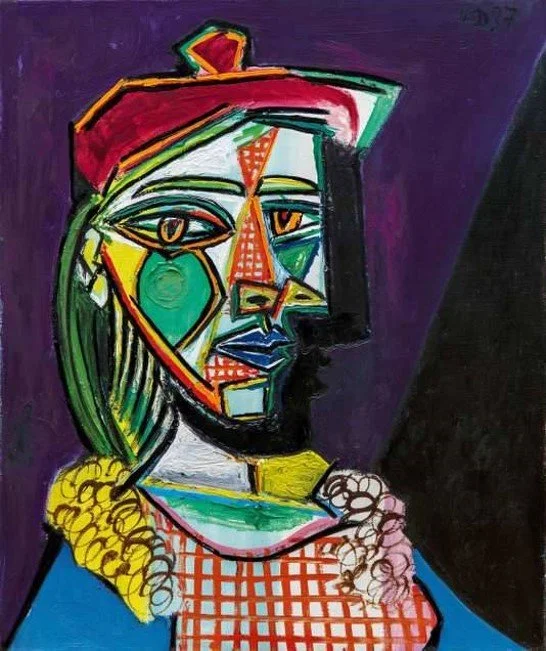 Abstract portrait of a woman with colorful geometric shapes and lines, wearing a red hat, with a dark background.