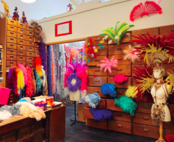 A craft store displays colorful feather boas, leis, and decorative feathers, with a mannequin dressed in costume accessories and storage drawers along the wall.